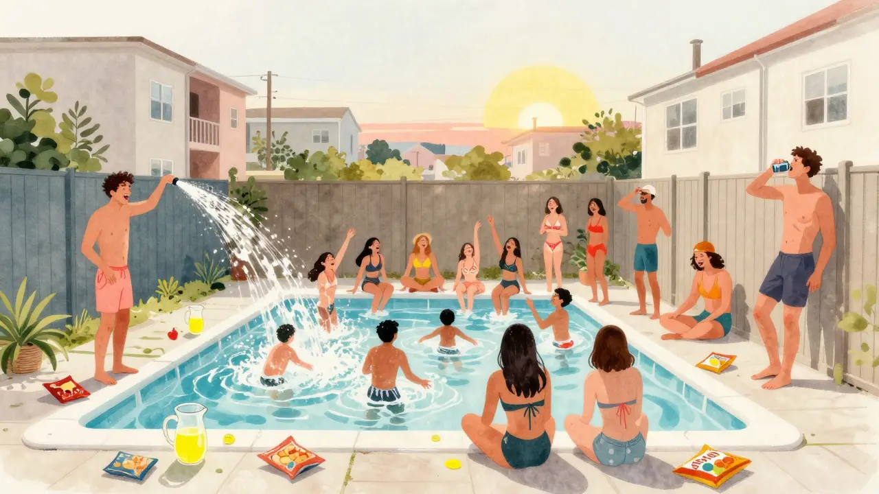 Impromptu pool splash with neighbors laughing, hoses, and lemonade under a sunset sky.