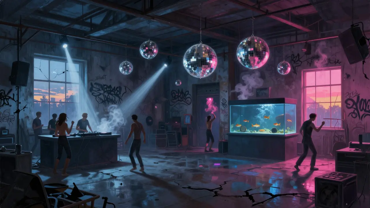 Industrial club Magazzini Generali at dawn, multiple dance rooms, a giant fish tank, and sunrise through broken windows.