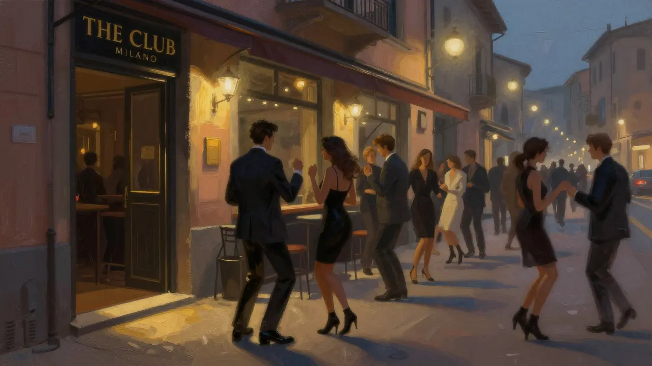 Long line of stylish people dancing outside The Club Milano on Friday night, no sneakers or caps, velvet curtains glowing faintly.
