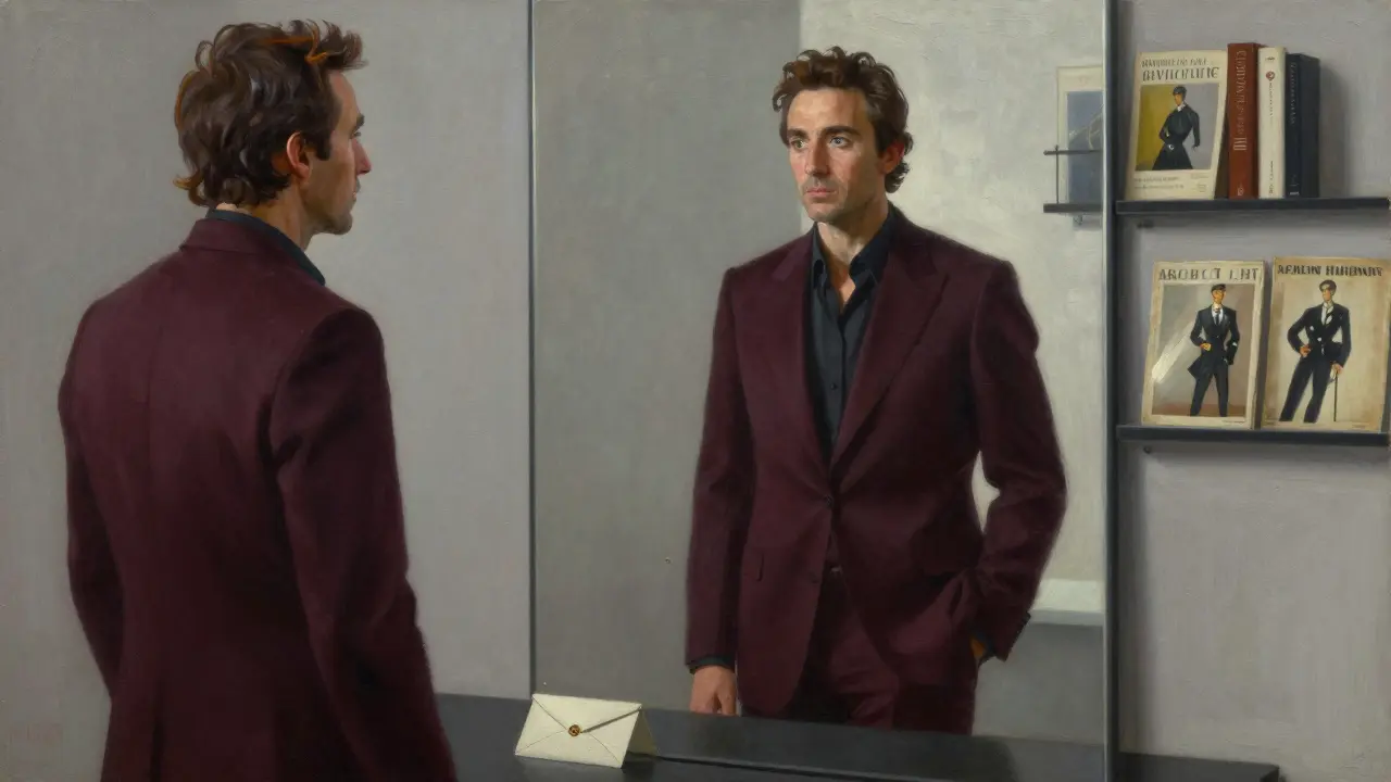 Matteo Bocelli in a tailored suit standing before a mirror in a quiet Milan apartment, art books around him.