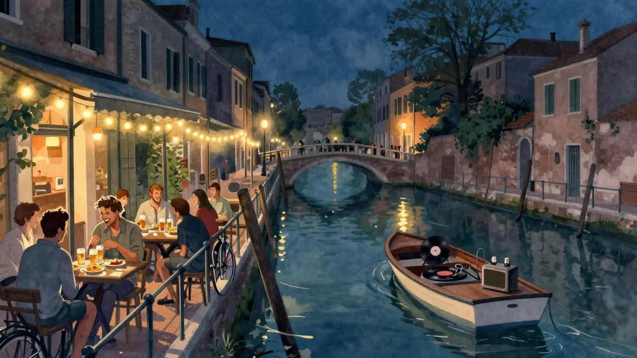Navigli canals illuminated by string lights, people enjoying drinks on terraces beside calm water.