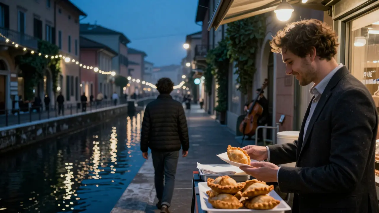 Night walk along Navigli canal after casino night, street vendor offering panzerotti.