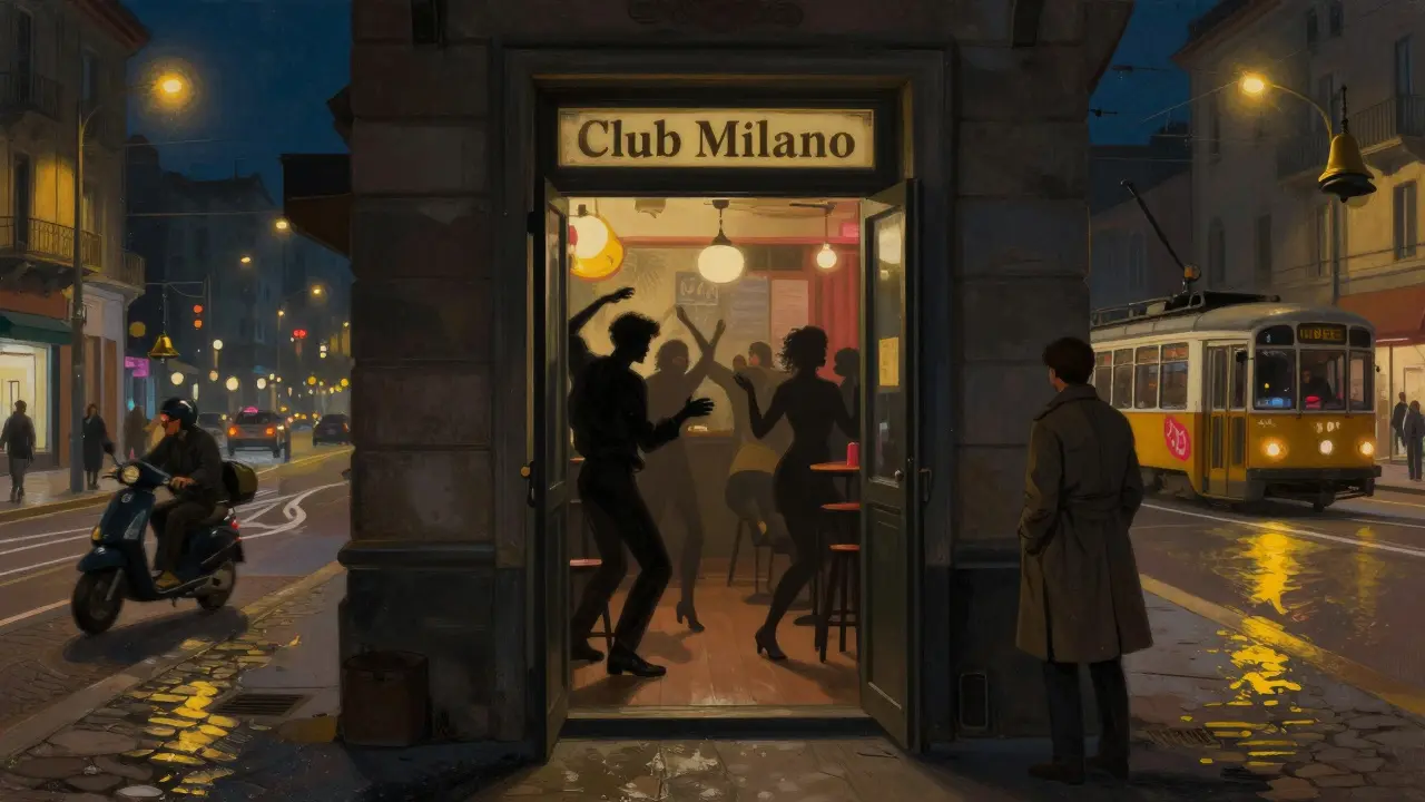 Open back door of a club blending bass music with nighttime street sounds of Milan.