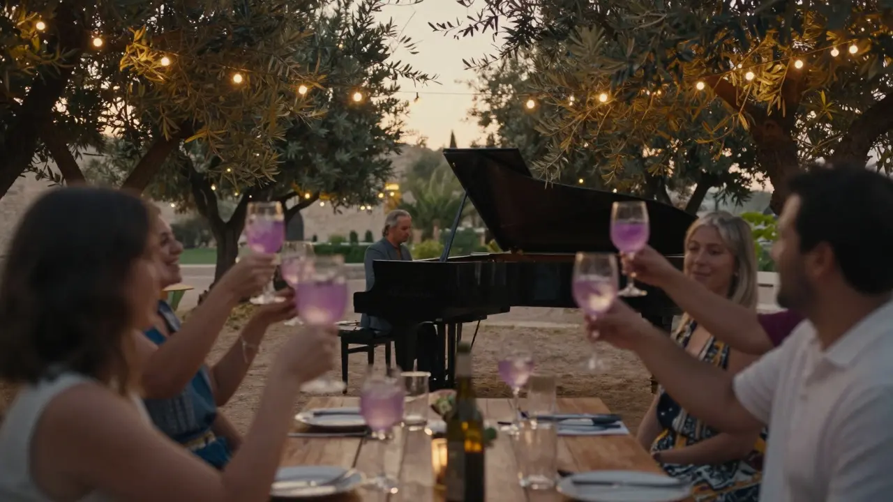 People toasting quietly at wooden tables under fairy lights with a pianist playing in the background.