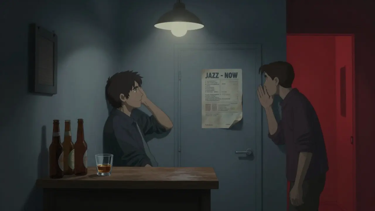 Quiet back room of a club with someone listening, flyer on bathroom door, dim lighting