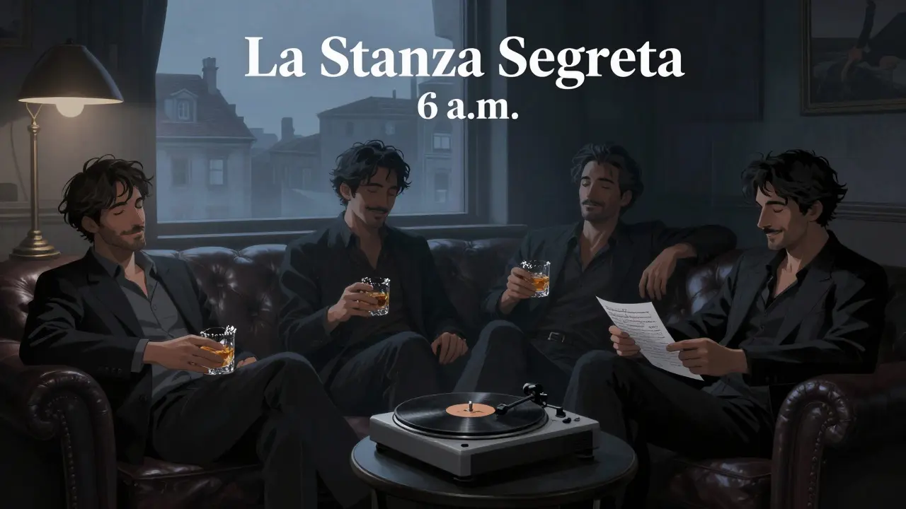 Quiet moment in a hidden speakeasy at dawn, men sharing whiskey sours by a record player.