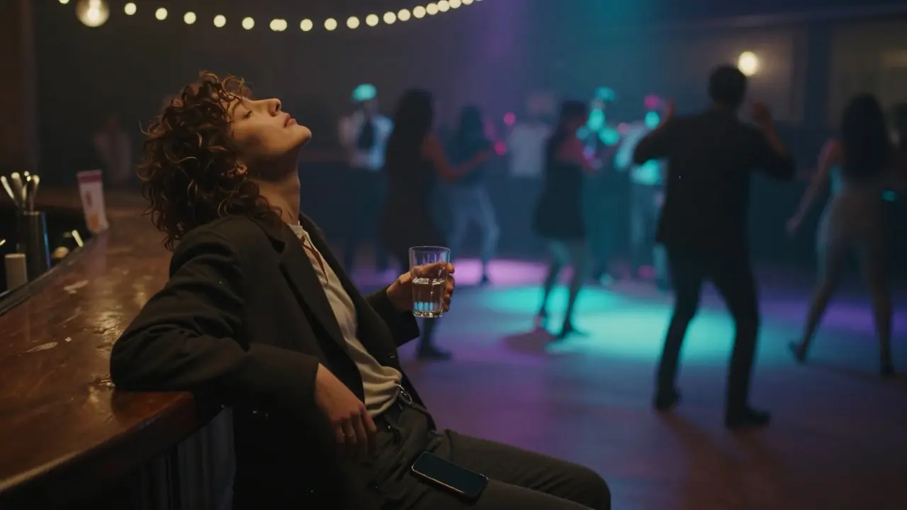 Someone stepping off the dance floor near a bar, holding water, with a phone left in a coat pocket as the crowd pulses behind.