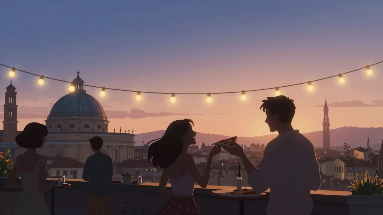 Strangers dancing on a rooftop at sunrise, sharing pizza as the city wakes up behind them.