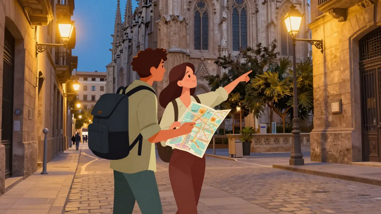 Two people walking together through Barcelona’s streets, one pointing to a hidden courtyard.