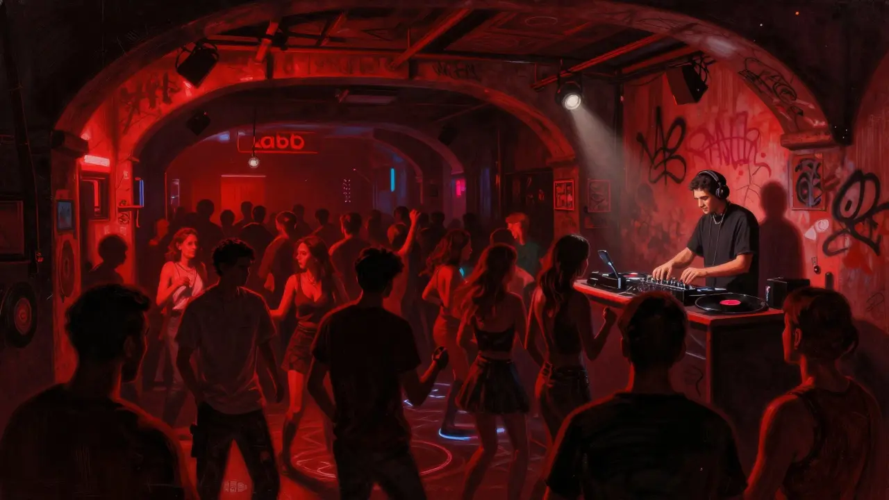 Underground club La Scala packed with dancers under red lights, DJ spinning vinyl beneath railway arch.