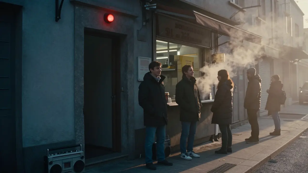 Unmarked club door at sunrise with quiet line of people and kebab shop next door