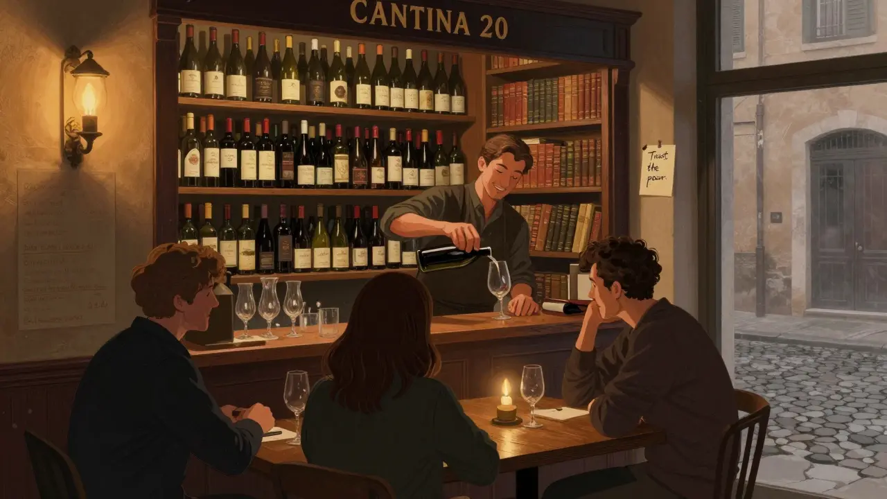 A cozy wine bar in Brera with candlelight, vintage books, and patrons sharing quiet conversations over wine.