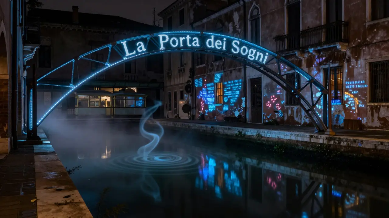 A glowing blue steel arch in a quiet Milan canal courtyard emits soft light, with hidden murals shimmering in the dark.
