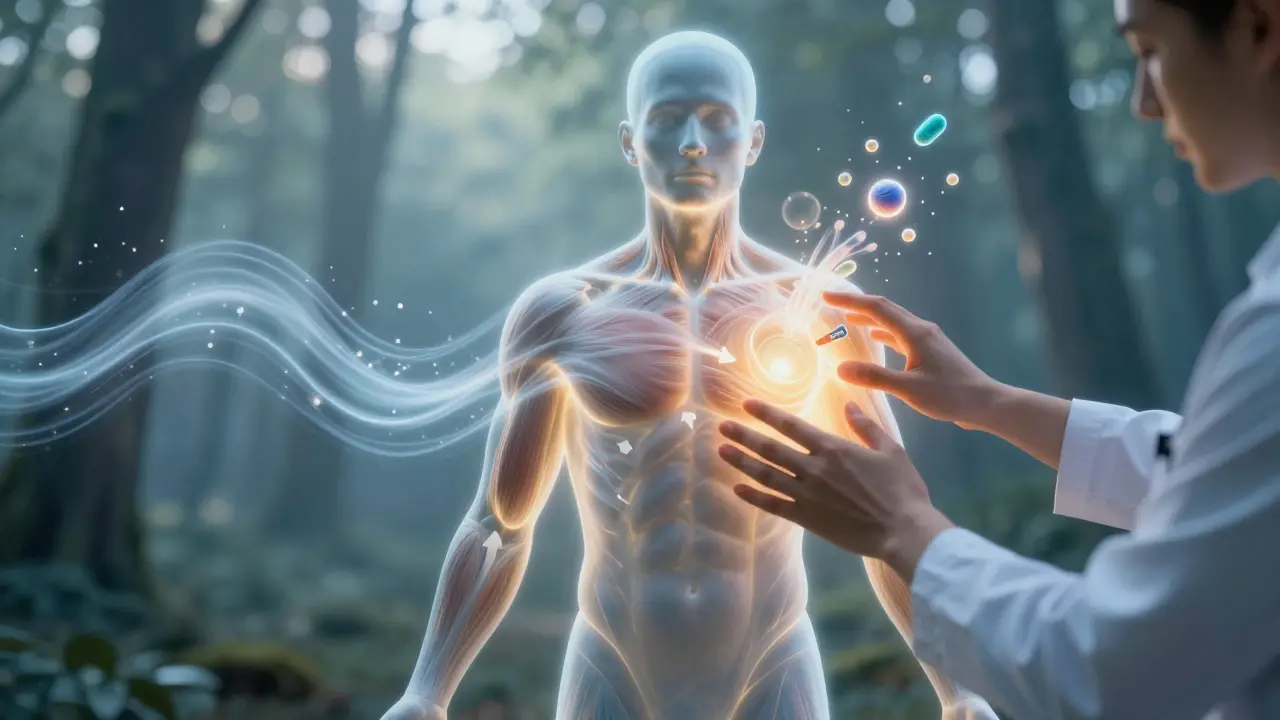 A glowing human figure with calming energy flowing from hands into muscles, symbolizing stress release and emotional balance.