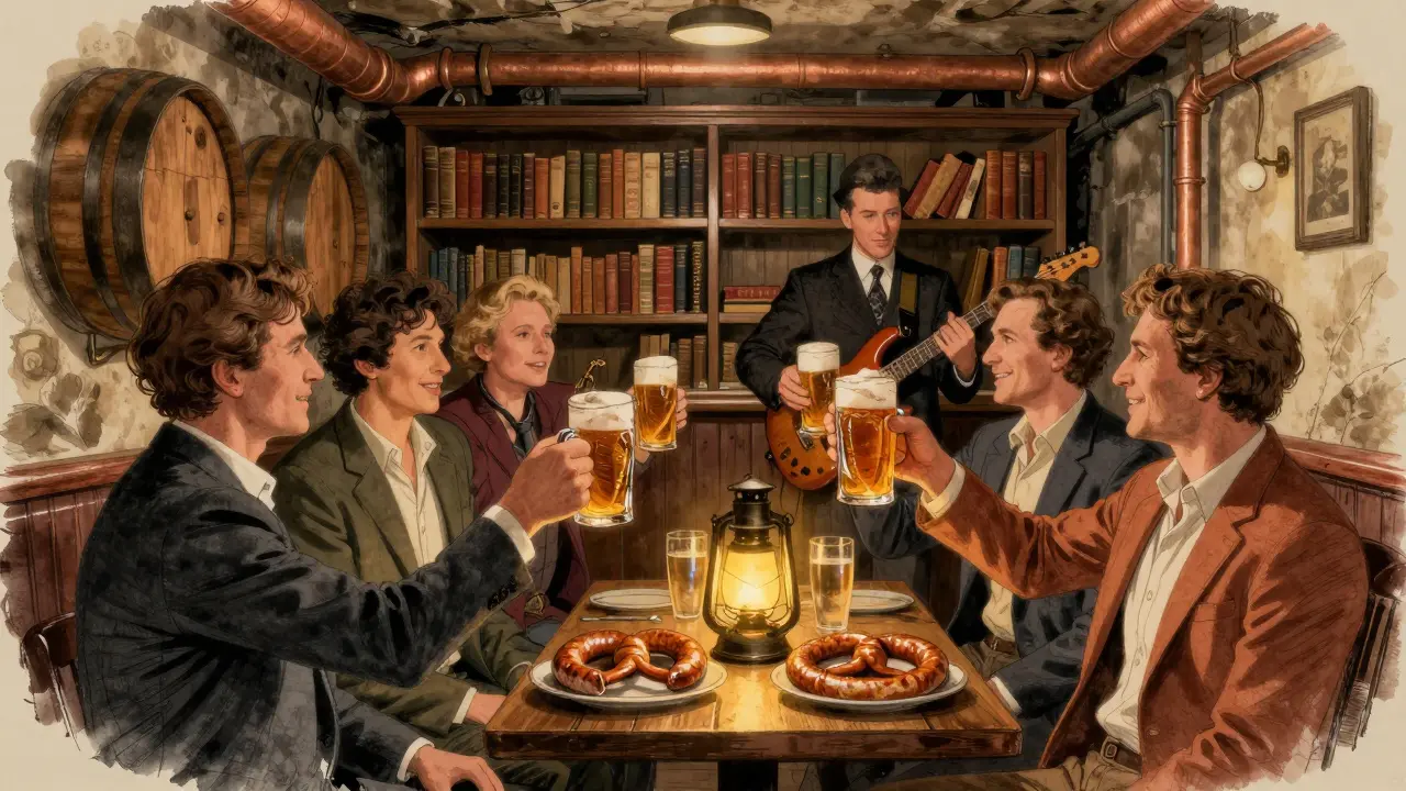 A group of men raising beer mugs in a hidden Prague speakeasy, lit by a lantern, with a live band playing polka and Czech food on the table.