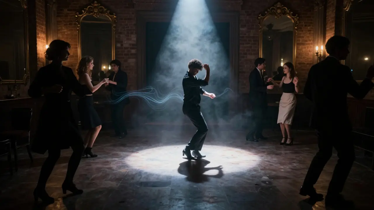 A lone dancer in a smoke-filled Milan club, lost in deep house rhythm under a single spotlight.