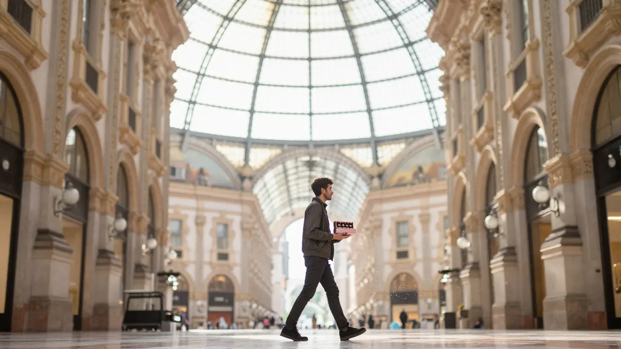 A man walks through Galleria Vittorio Emanuele II holding custom chocolates, bathed in morning sunlight.