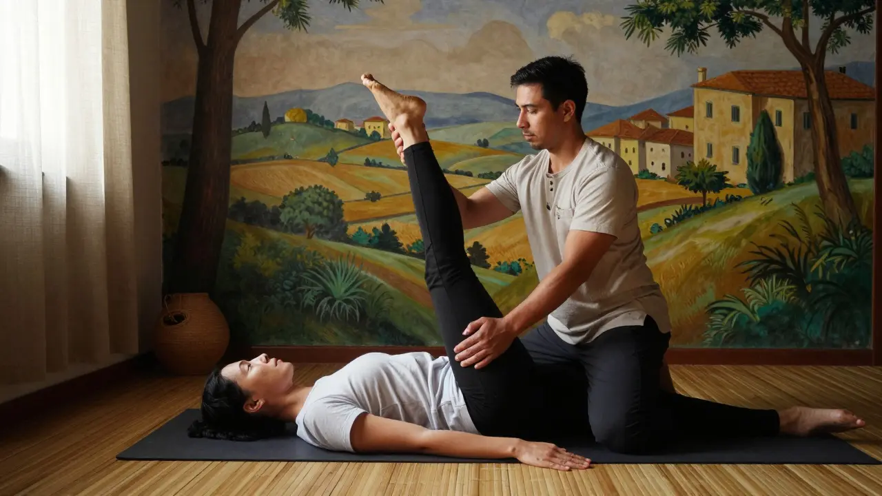 A Thai yoga massage session with therapist guiding a client through a gentle stretch in a cozy studio.