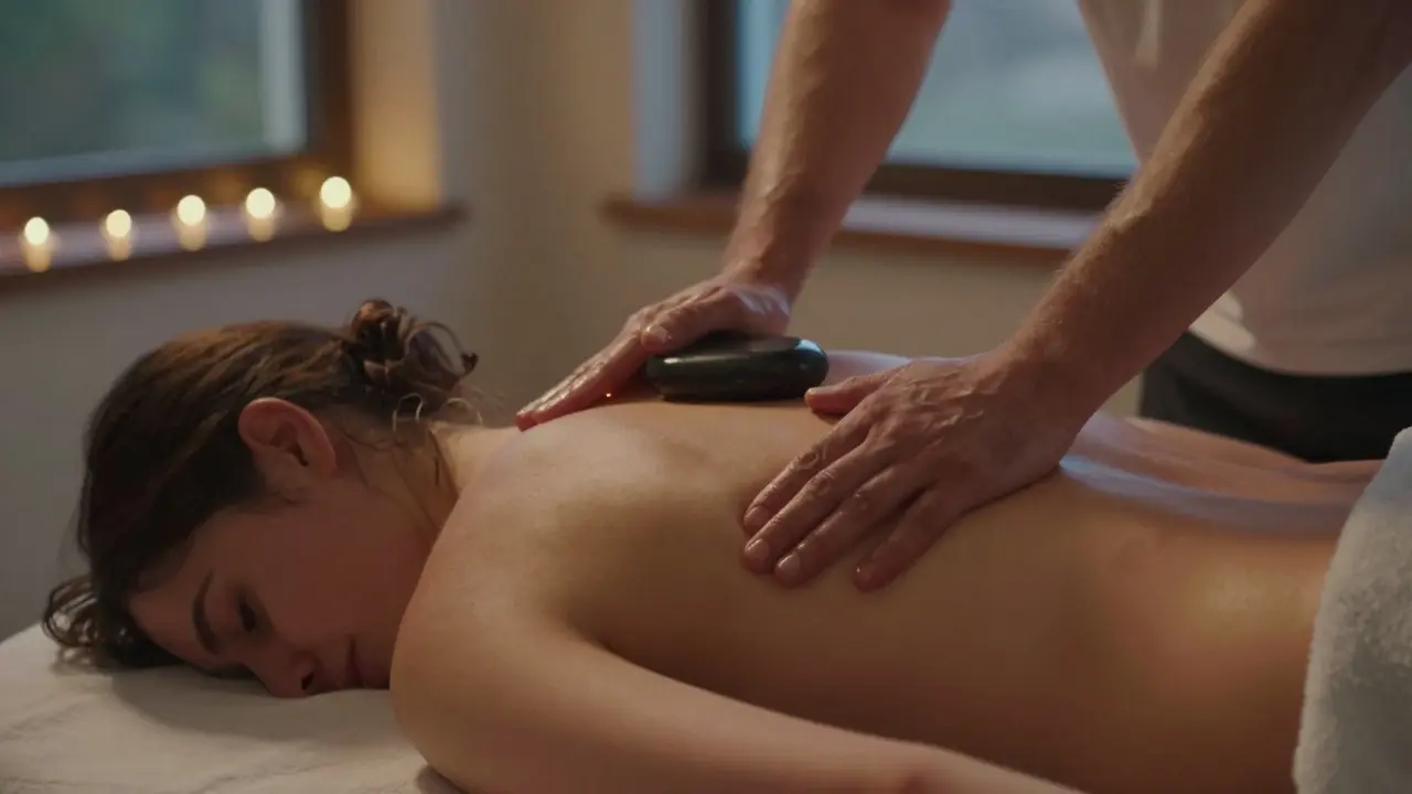 A therapist applying deep pressure to a person's shoulders during a massage, with a warm stone resting on the spine.