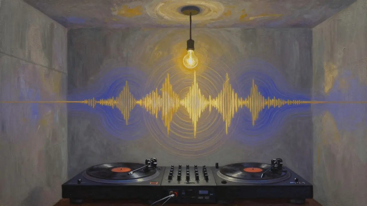 A vinyl record spinning alone under a single bulb, soundwaves radiating in golden and blue ripples.