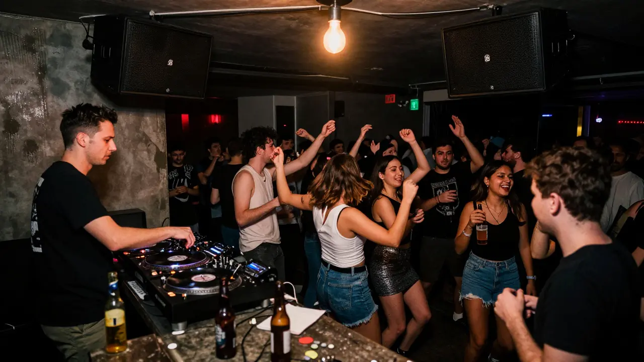 A wild, dark back room where a DJ spins vinyl and a crowd dances intensely in near darkness.
