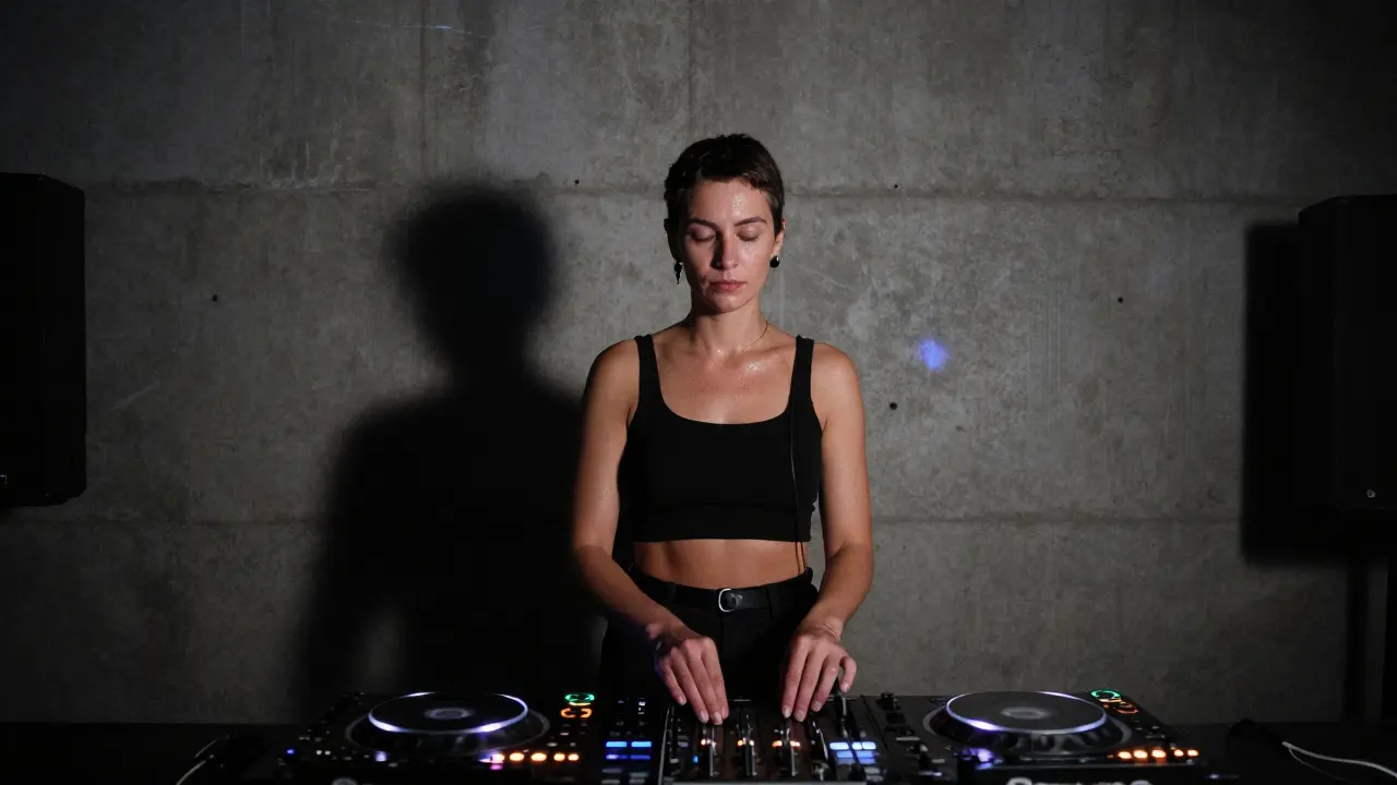 A woman dancing alone in Berghain’s industrial club, lost in the rhythm under flickering strobe lights.