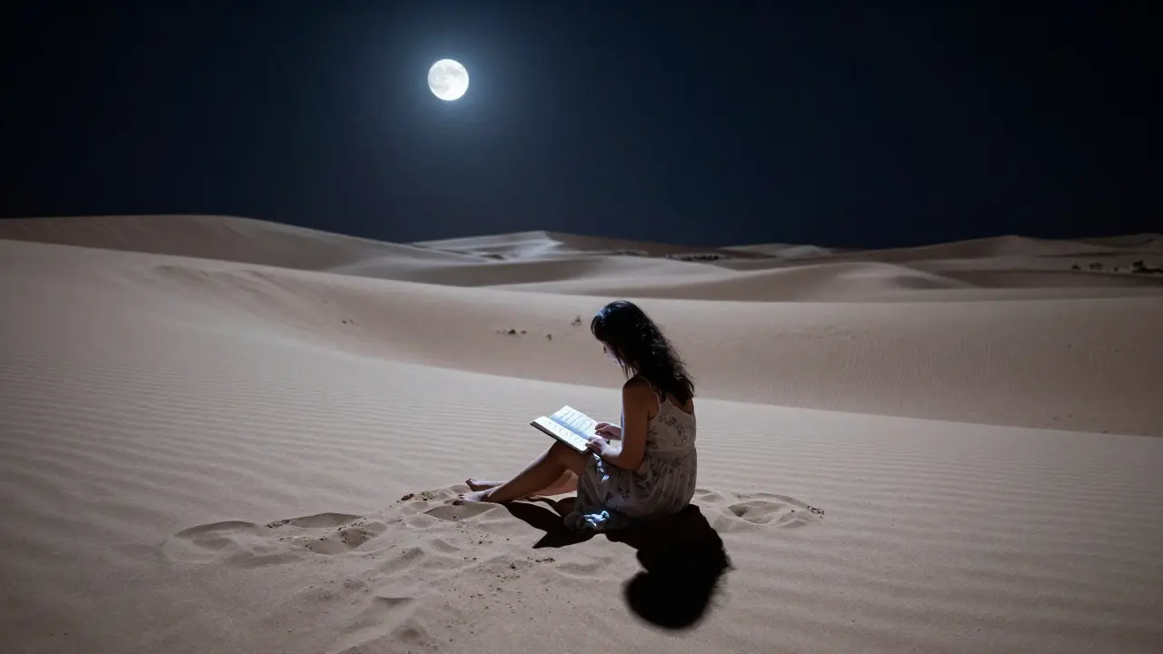 A woman sits on a glowing desert dune under moonlight, writing in a journal as the endless sands stretch into darkness.