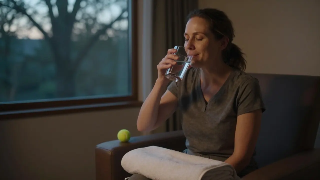 A woman smiling after a massage, drinking water, with a tennis ball beside her as dawn light enters the room.