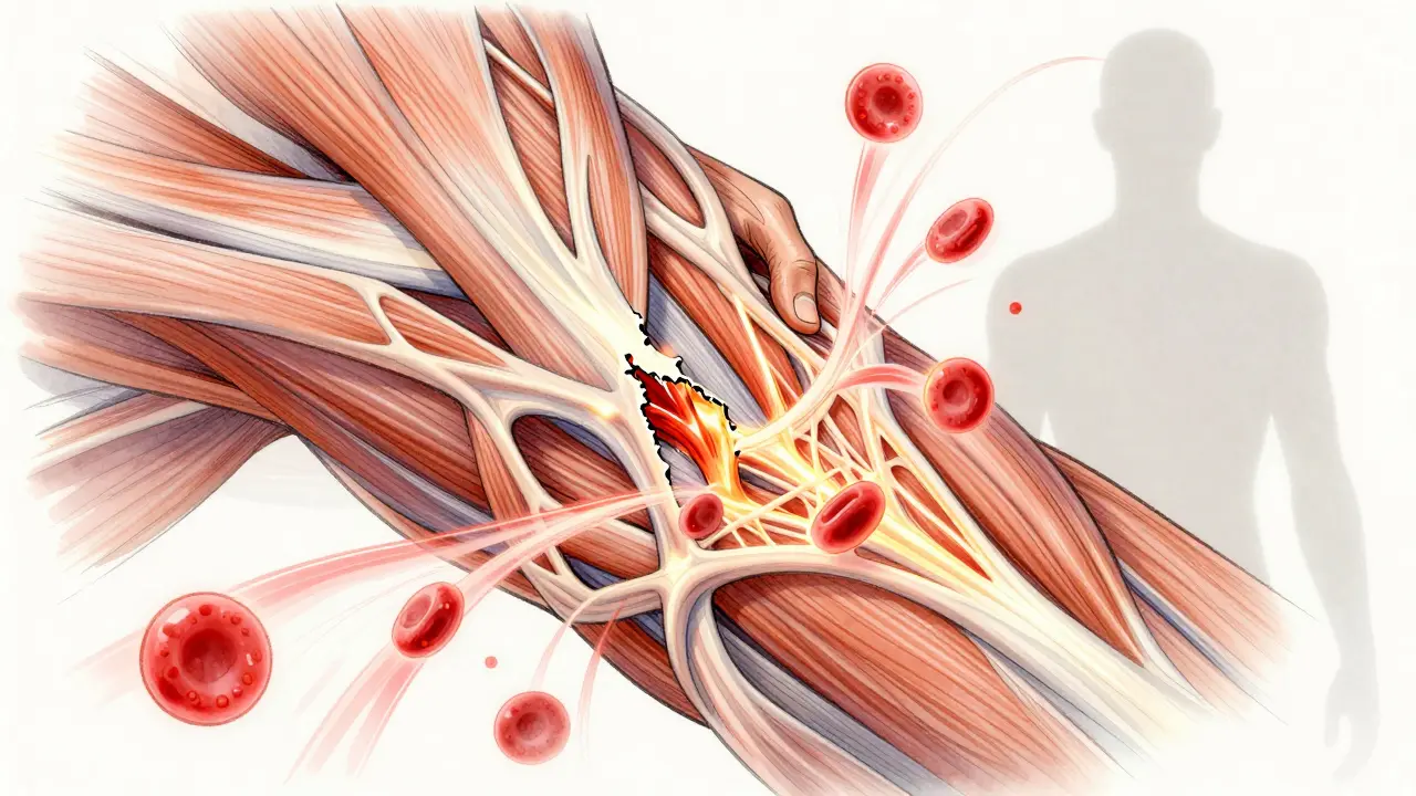 Artistic depiction of muscle fibers and fascia untangling with glowing blood flow.