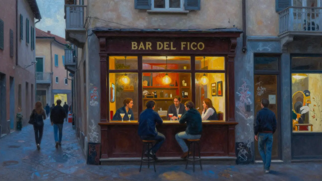 Brera District's artsy street with Bar del Fico, patrons sipping cocktails amid gallery walls, vibrant evening ambiance.