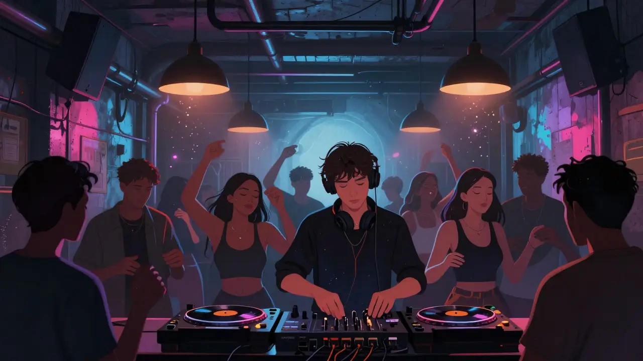 Crowd dancing in an underground Milan club with vinyl DJ and industrial lighting at night.