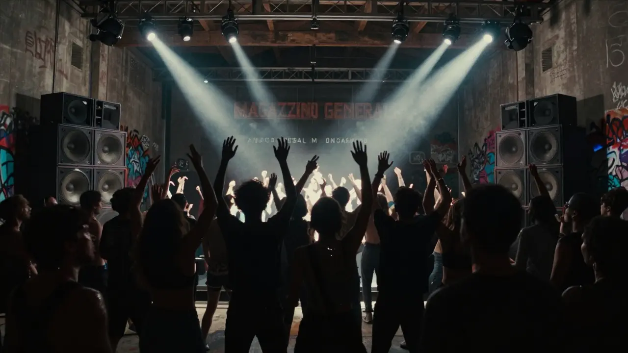 Crowd lost in music on the warehouse dance floor of Magazzini Generali under moody strobe lights.