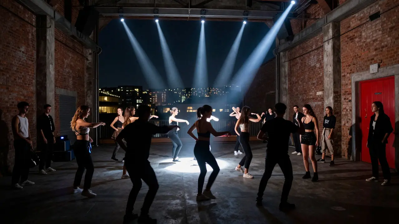 Dancers moving to deep house music in an industrial nightclub in Milan's Porta Ticinese area.
