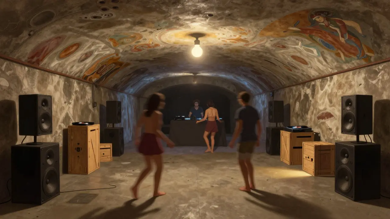 Dancers on concrete floor beneath frescoed ceiling at La Scala Underground, vinyl records spinning under warm light.