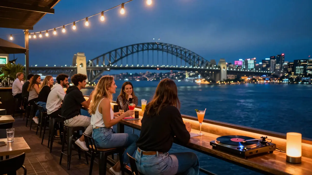 Diverse group enjoying cocktails on a rooftop bar with Sydney Harbour Bridge in the background.