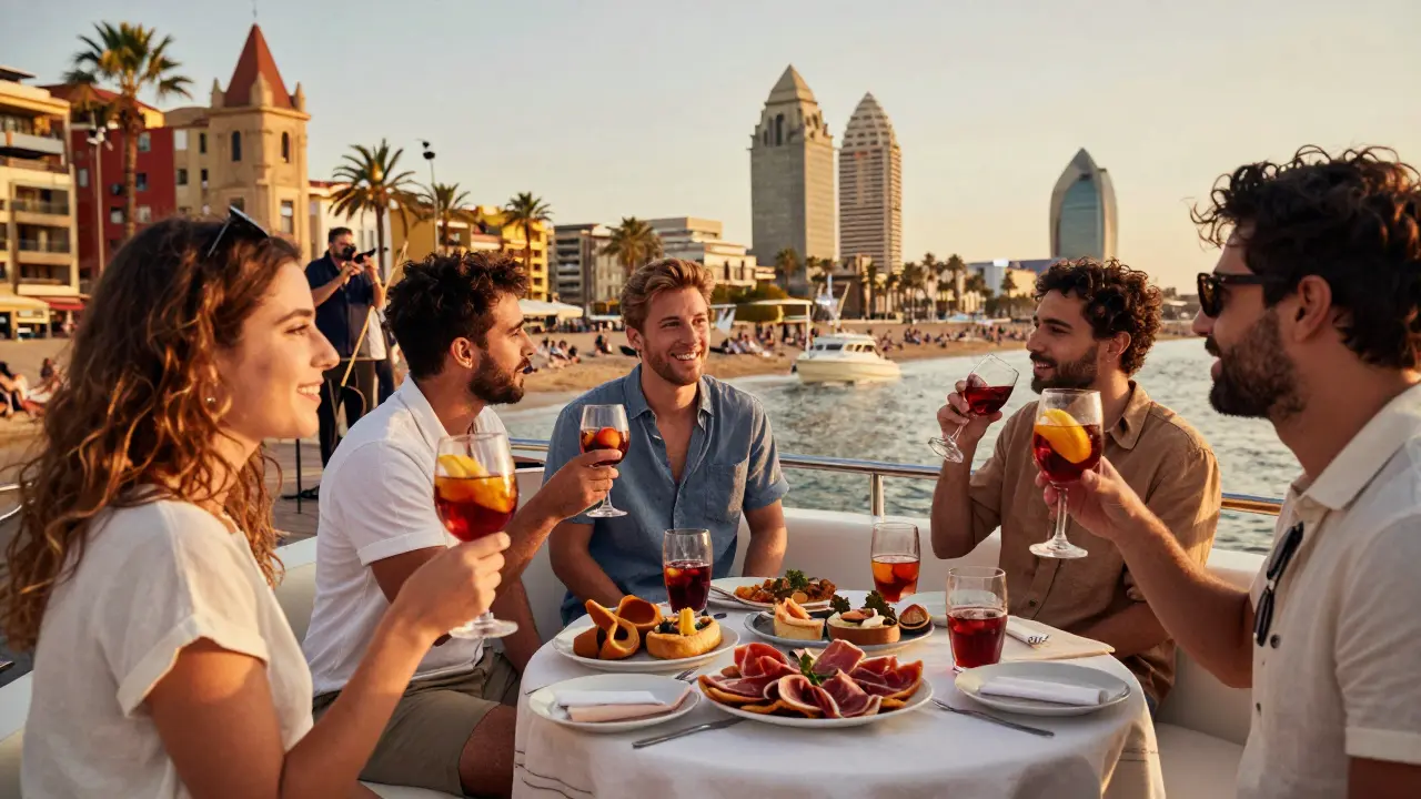 Friends celebrating on a private yacht at sunset in Barcelona, with the city's architecture and beach in the background, sipping sangria and enjoying tapas.