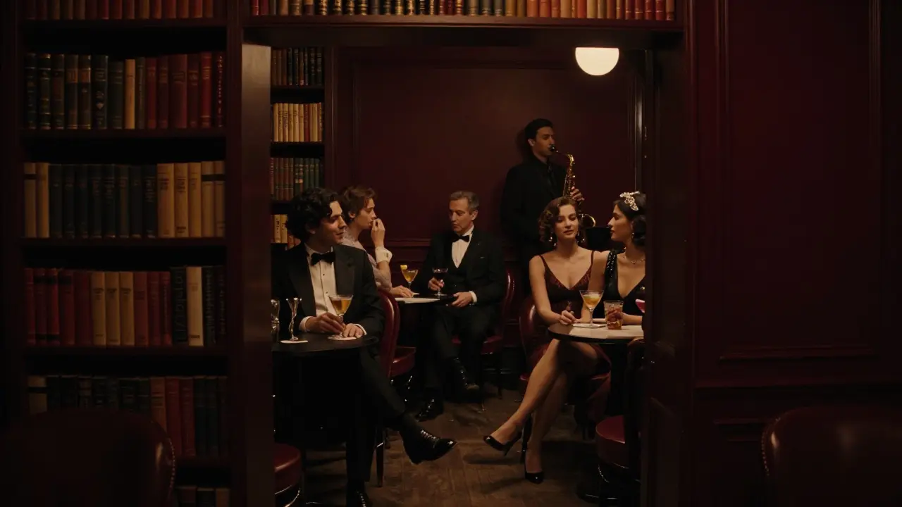Hidden speakeasy behind a bookshelf in Brera, moody lighting, patrons in elegant attire, intimate jazz atmosphere.