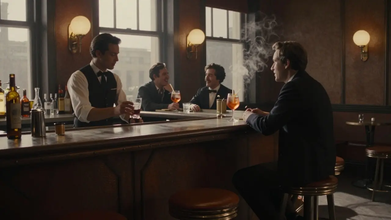 Late-night patrons at Bar Basso at dawn, sipping drinks as morning light filters through the bar.