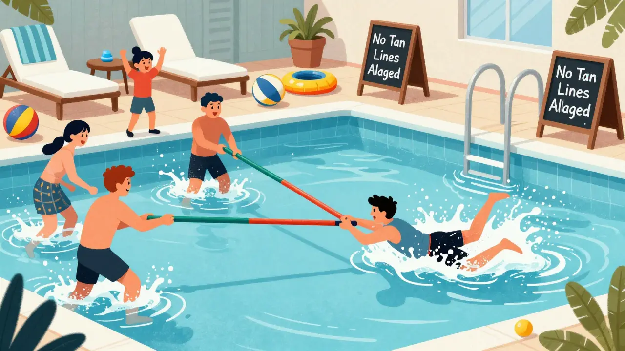 People playing pool noodle tug-of-war, one person falling into the water while others cheer nearby.