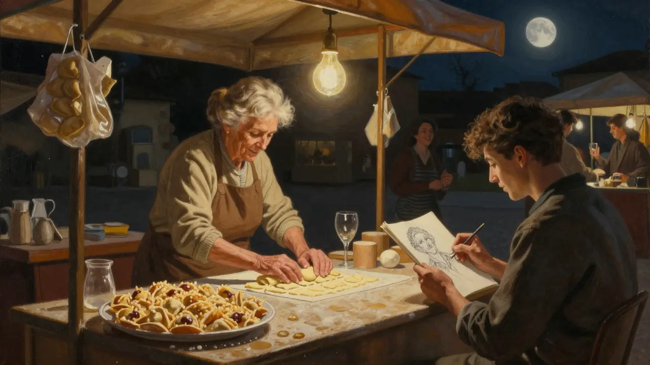 Porta Ticinese Night Market featuring an elderly woman rolling gnocchi and an artist sketching a portrait under a bulb.