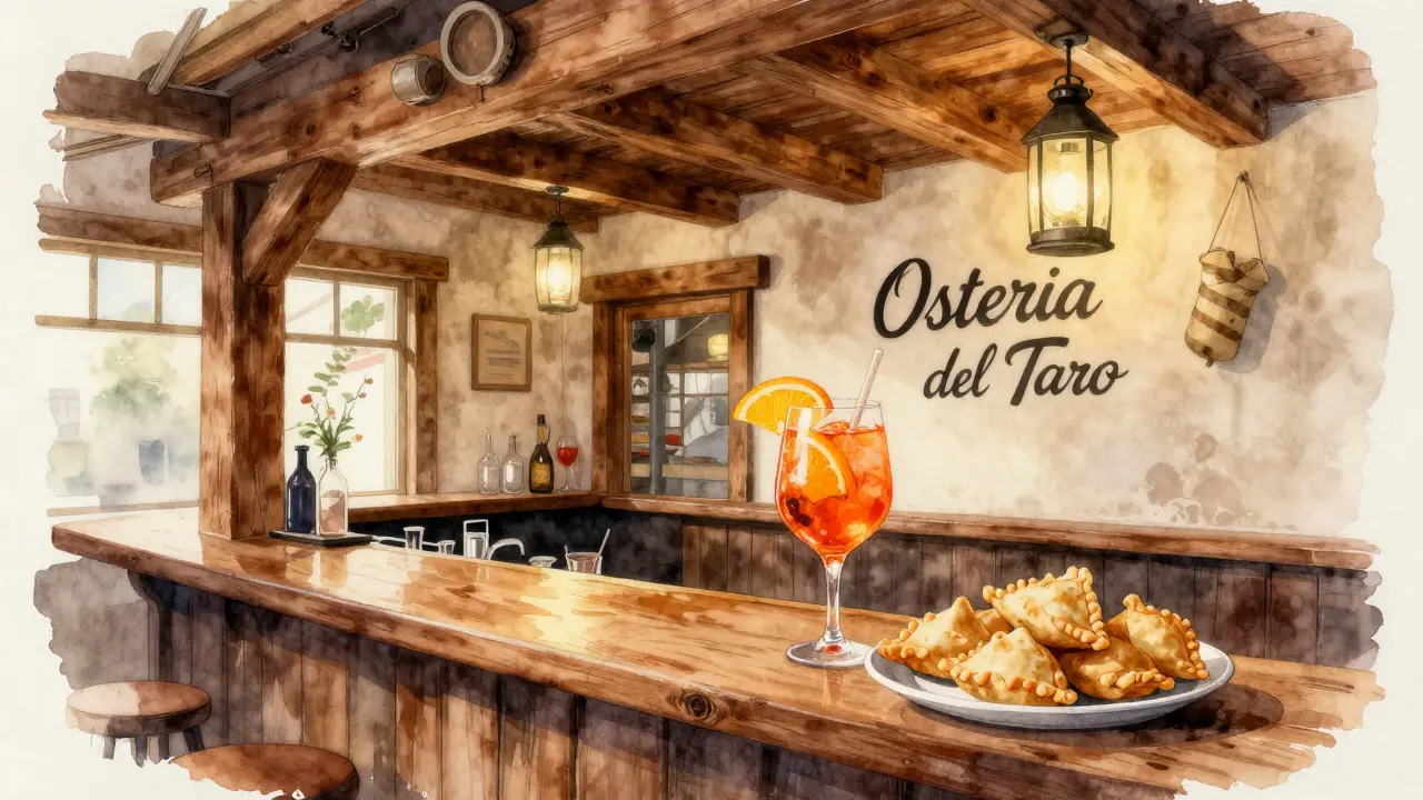 Rustic bar with Aperol Spritz and panzerotti at Milan's Osteria del Treno