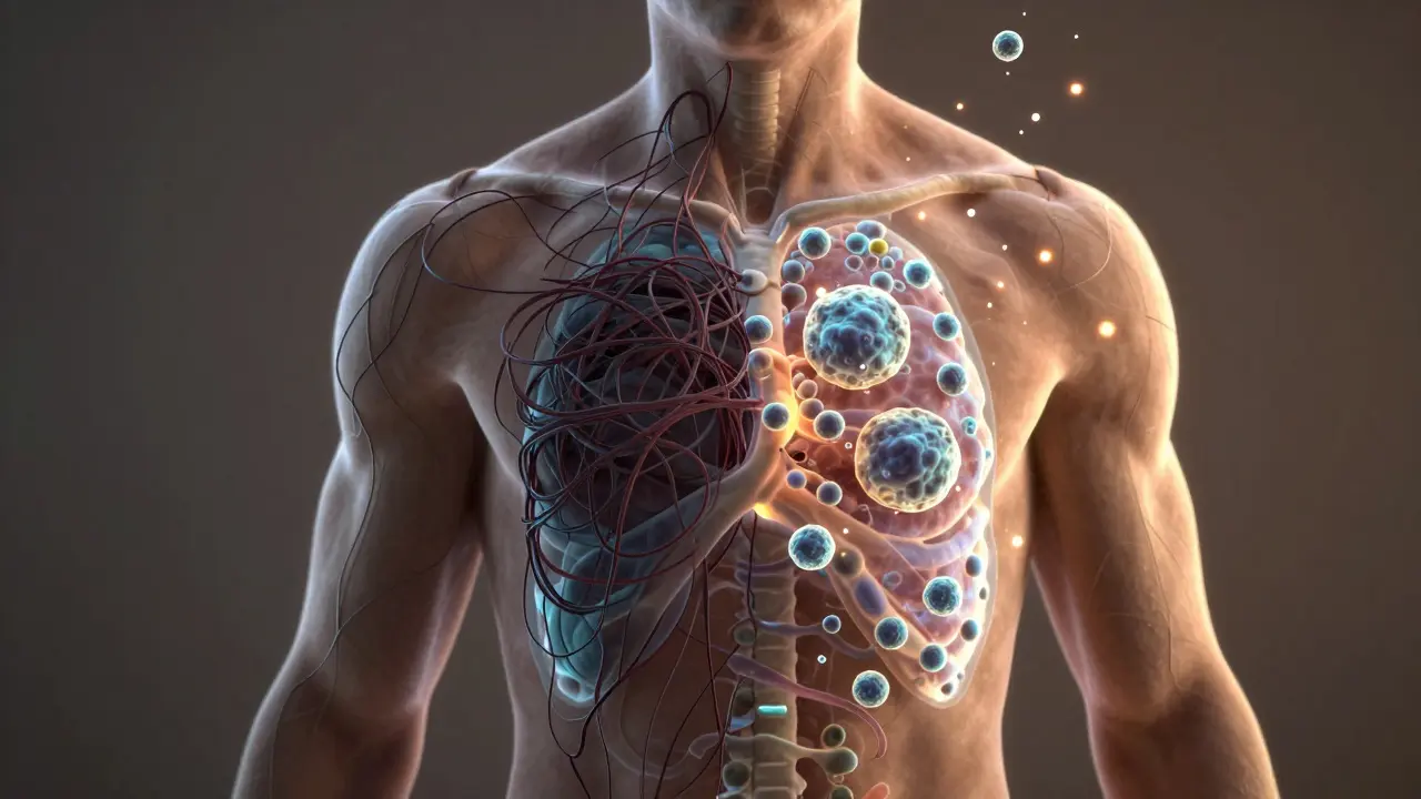 Split view of stressed body vs. rebalanced body with biological elements glowing.