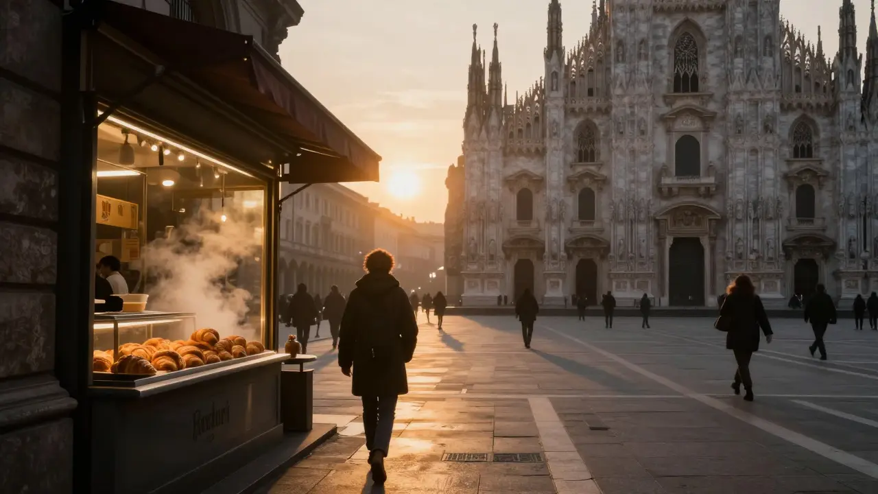 Sunrise in Milan as a person walks past a bakery, last night's energy fading into morning light.