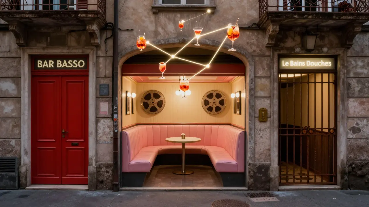 Three hidden nightlife spots in Milan connected by glowing cocktails in a dreamlike cityscape.
