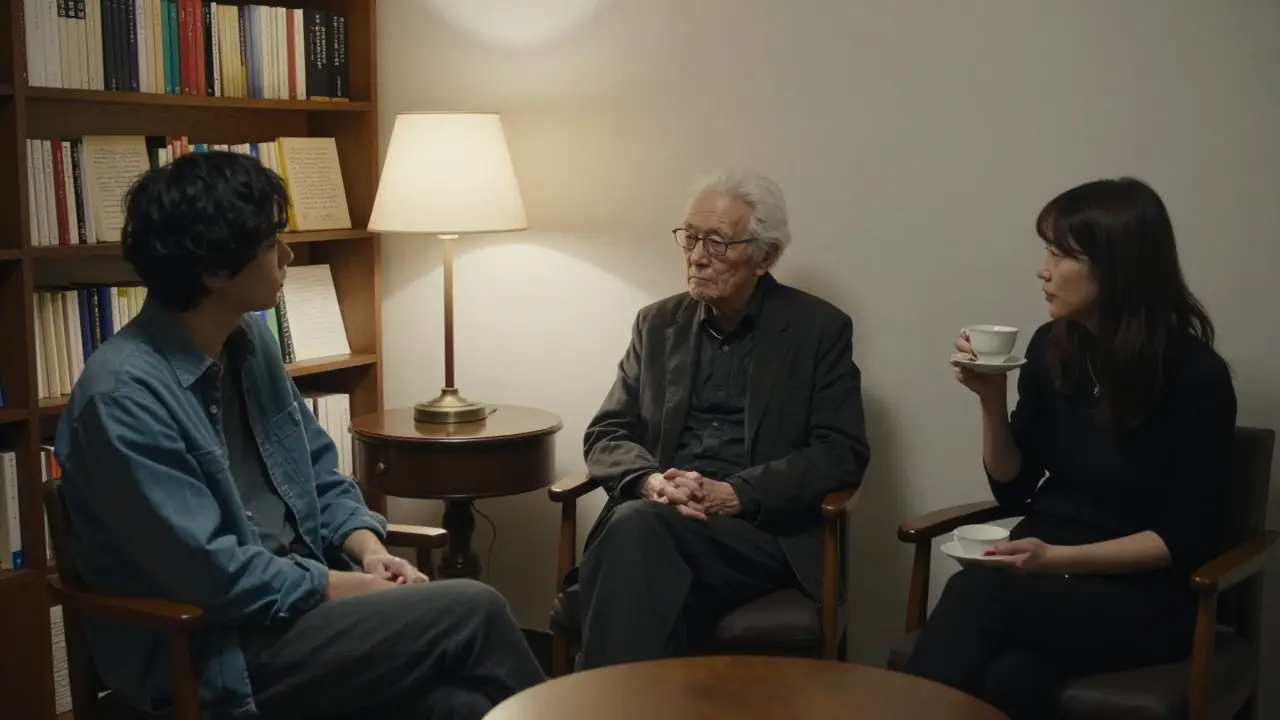 Three strangers sit in peaceful silence in a quiet back room, surrounded by books and soft light.