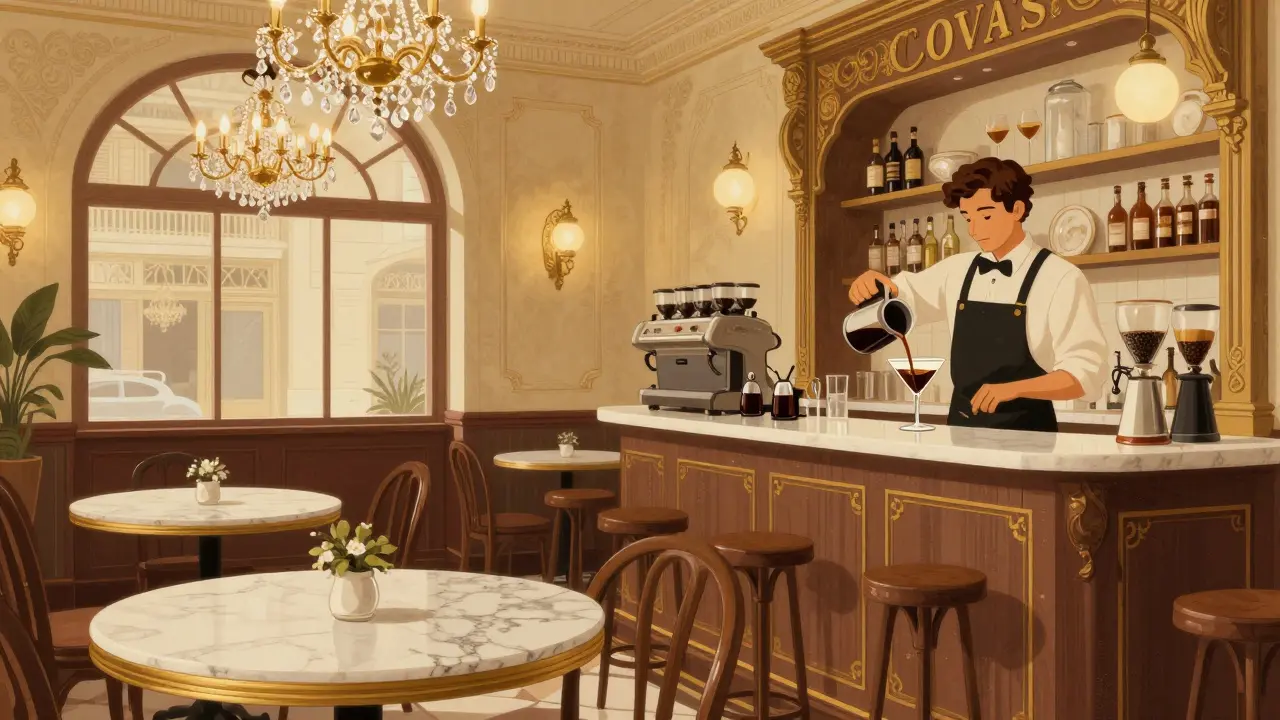 Vintage café scene with espresso martini at Milan's historic Cova