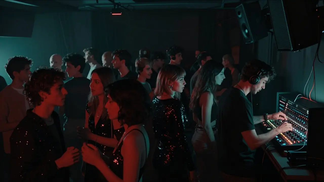 A crowd dances in a dim underground club as staff adjusts lighting, no phones, only music and movement.