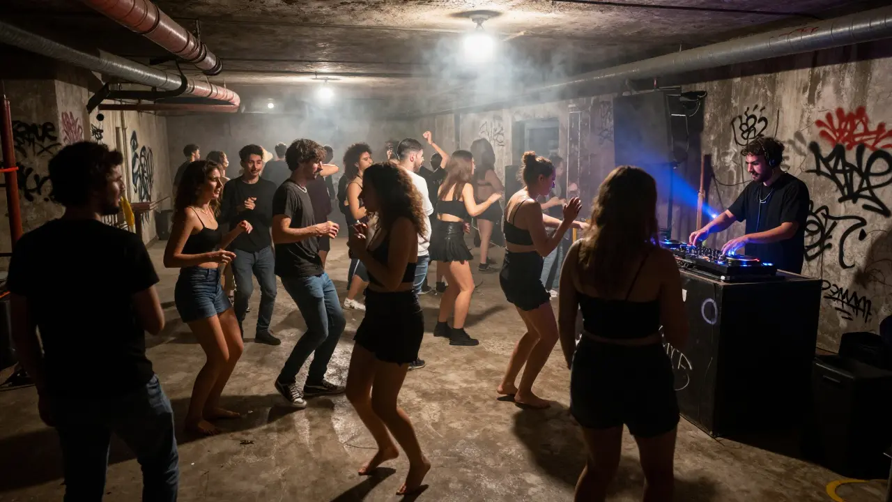 A crowd dancing in an underground warehouse with industrial lighting and intense techno music playing.