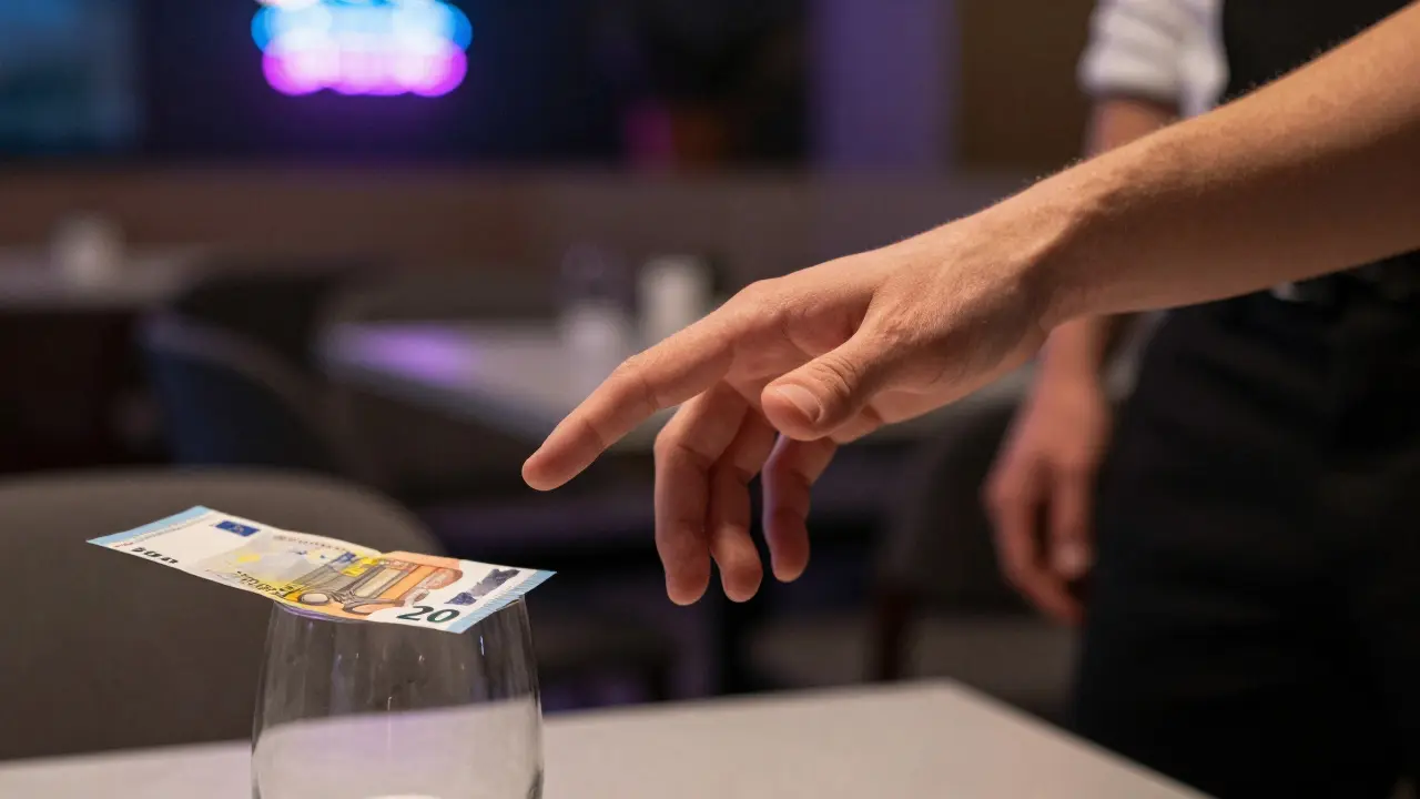 A dancer's hand reaching toward a table with a €20 bill on the edge, soft spotlight highlighting the gesture.