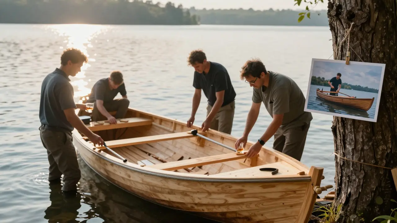A group building a wooden rowboat on a calm lake at dawn, tools and a photo of the groom nearby.